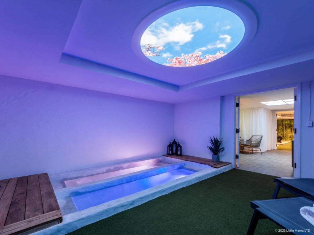 Indoor spa with moody purple lighting.