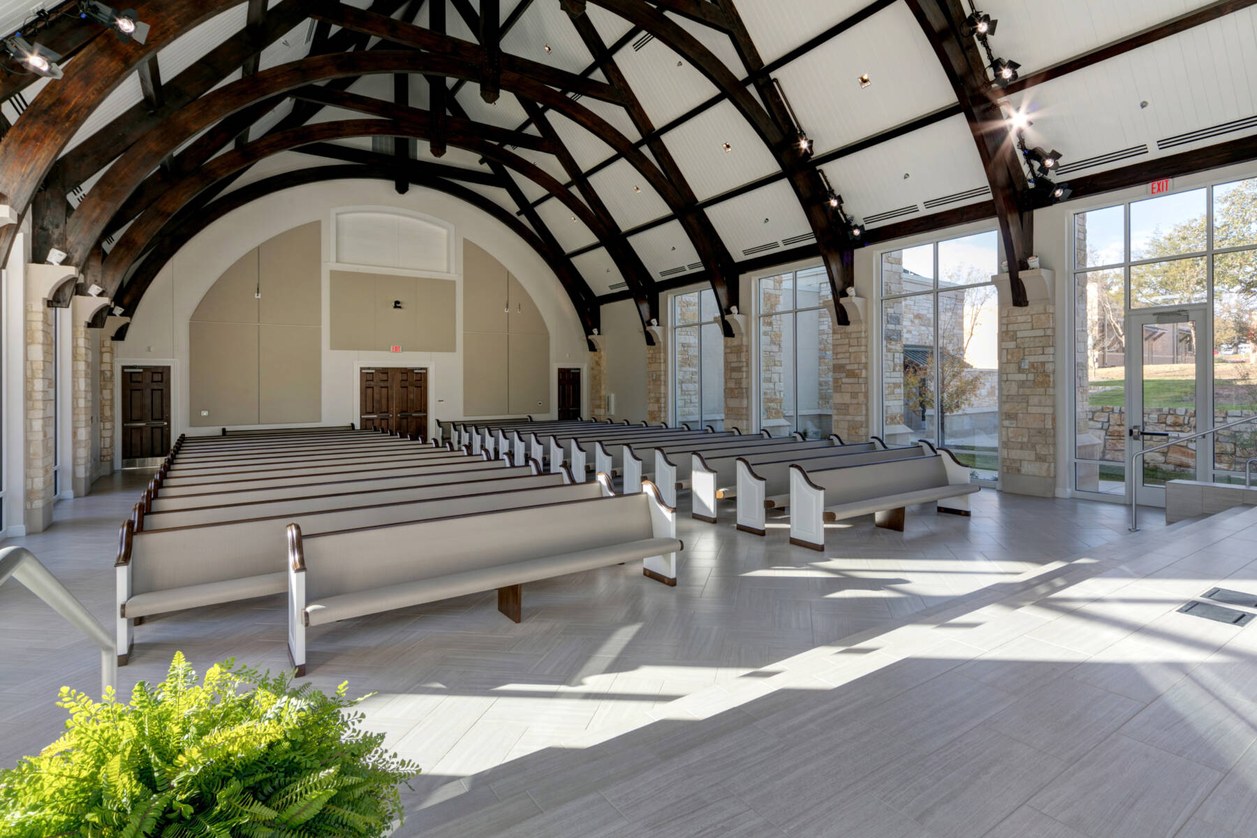 Interior shot of chapel seating and flooring at The Bowden Events Center.