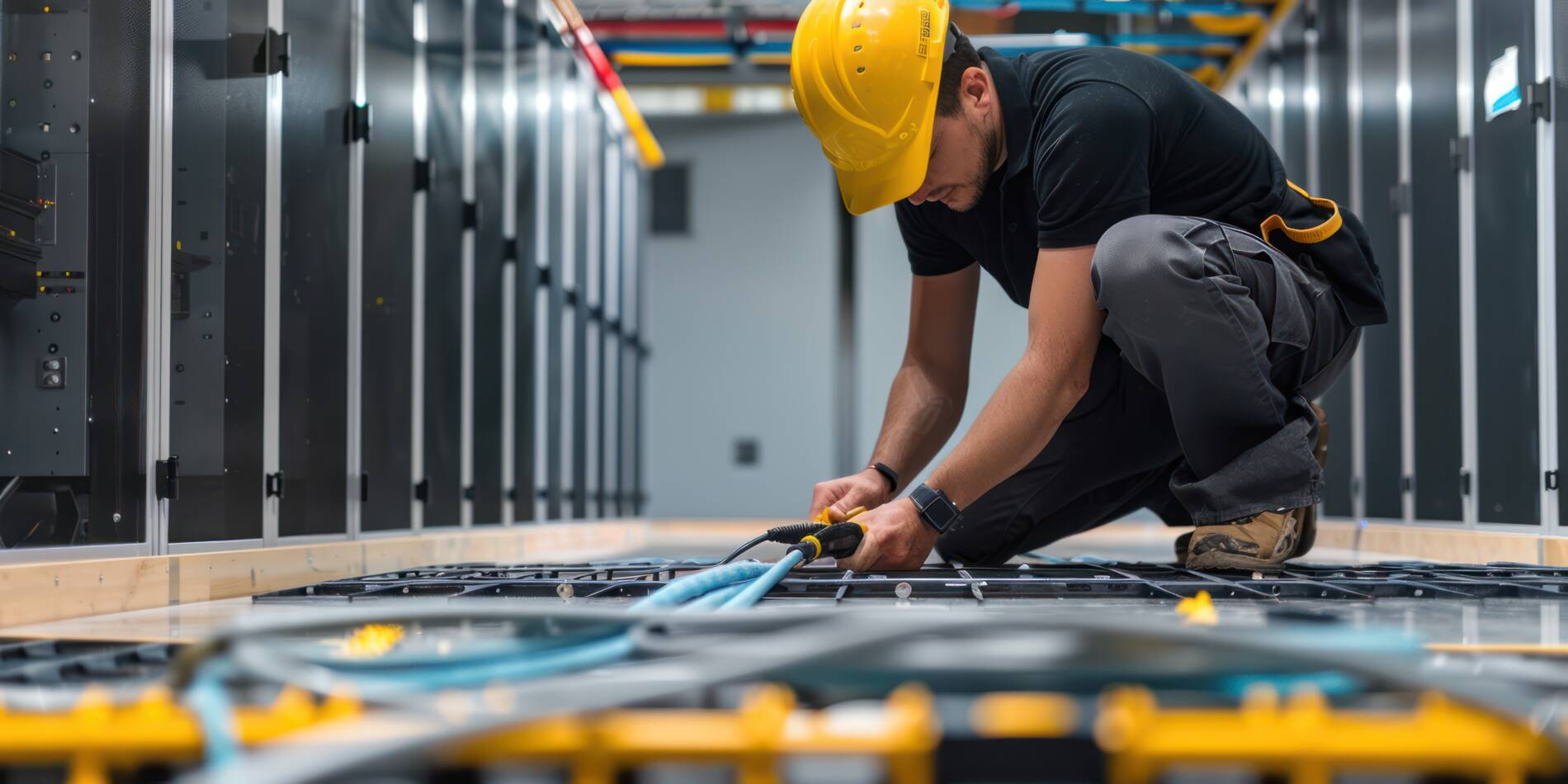 Technician installing network cables under a raised access flooring system in a data center