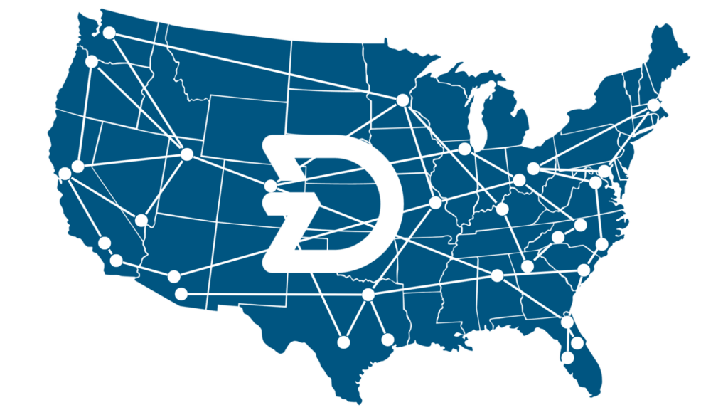 Map of the United States with Diverzify logo, dots indicating locations and lines connecting those dots.