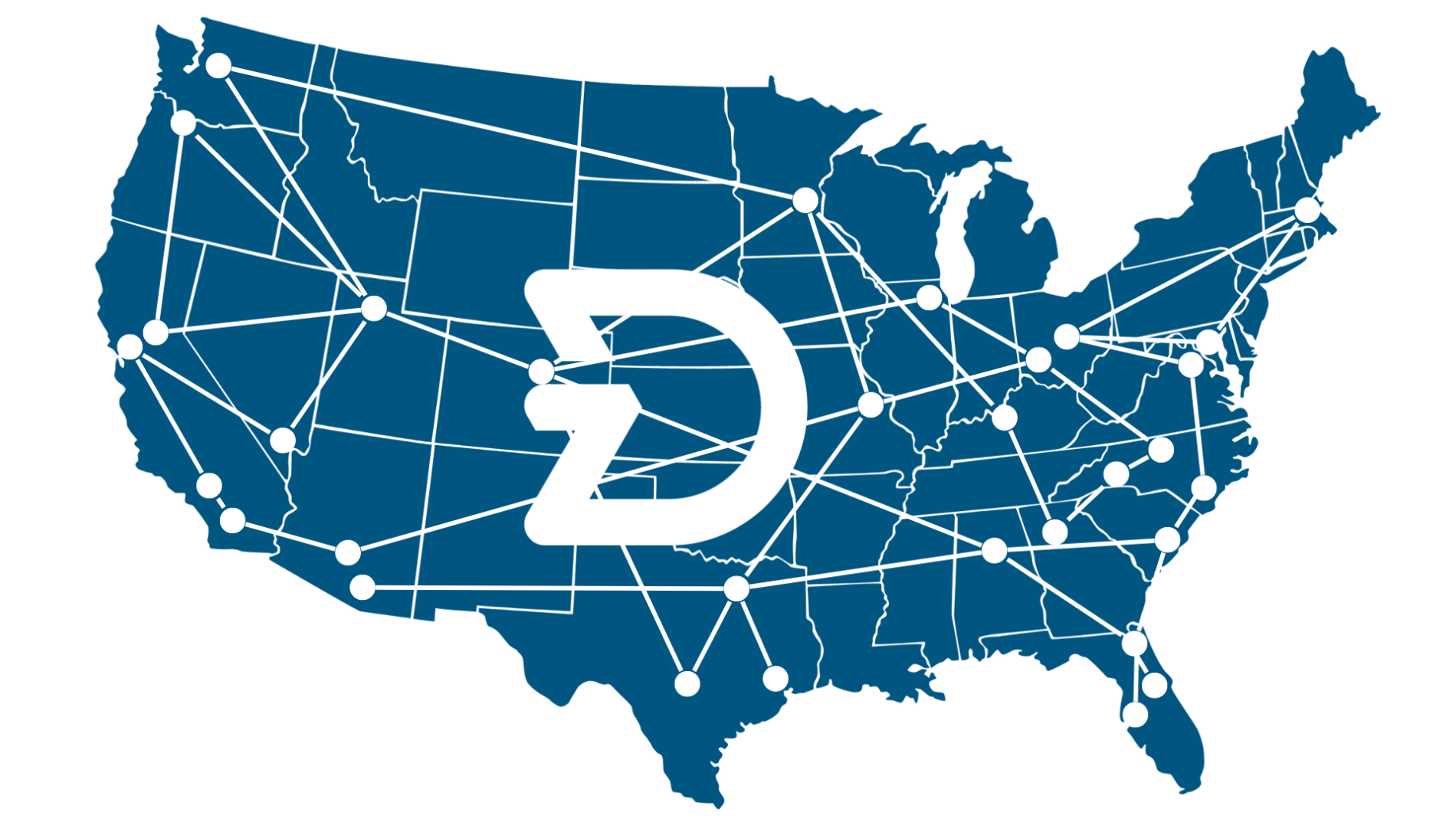 Map of the United States with Diverzify logo, dots indicating locations and lines connecting those dots.