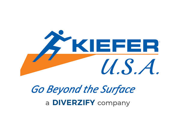 Kiefer USA logo with a blue figure running on an orange platform and blue, bold text of the brand name and tagline.