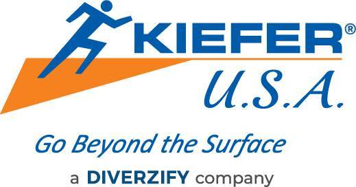 Kiefer USA logo with a blue figure running on an orange platform and blue, bold text of the brand name and tagline.