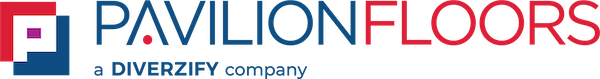 Pavilion Floors logo comprising of a blue and red color scheme for the brand title next to a “P” shape