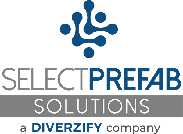 Select Prefab Solutions logo with blue circle shapes connecting above the full brand title with a blue and gray color scheme