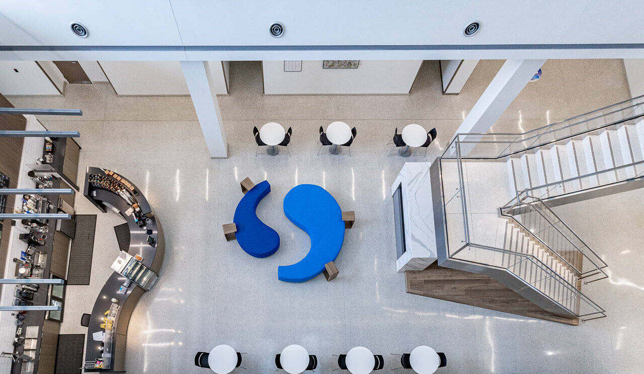 Overhead view of corporate flooring in an office