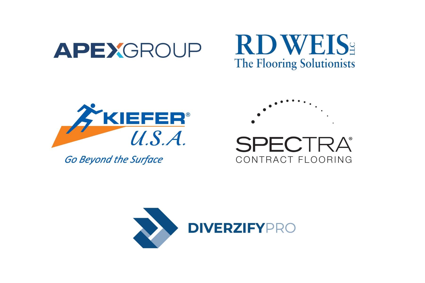 A showcase of five brand logos on a white background, comprising of Apex, RD Weis, Keifer, Spectra, and DiverzifyPro
