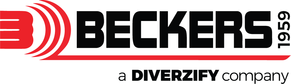 Beckers logo containing red and black colors with curved shapes and Beckers title in bold letters